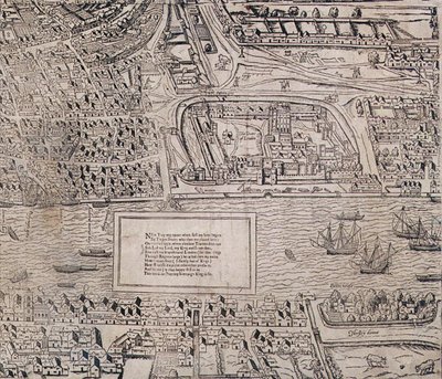 Detail van de Tower of London, uit "Civitas Londinum", kaart van Londen, 1560 door Ralph Agas